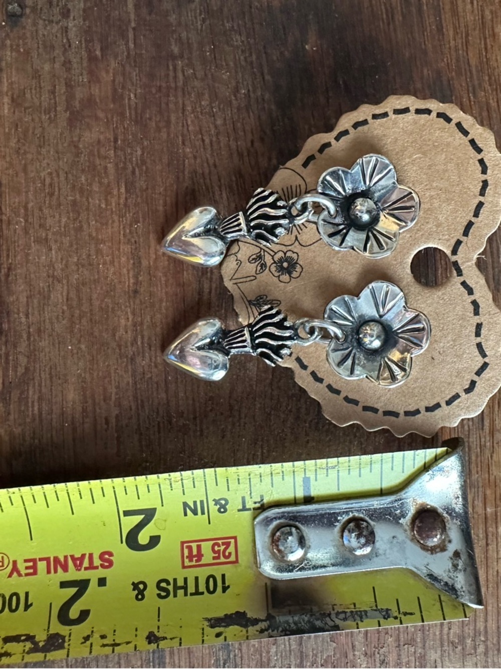 Sterling Silver Taxco  Floral Heart Drop Earrings - - Picture 3 of 5